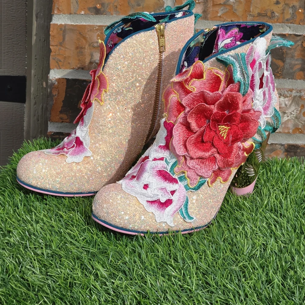 Irregular Choice Rows Garden Heel Ankle Boots Pink Multi-Color Glitter 11.5 - Picture 1 of 7